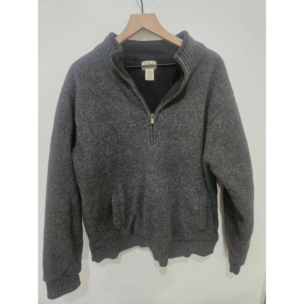 LL Bean Mens XXL Lambswool Quarter Zip Fleece Lined Sweater Gray Mock Neck Pocke